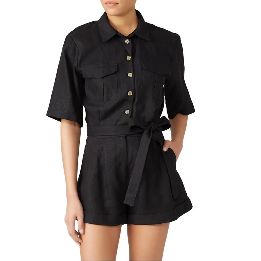 Bec & Bridge | Black Linen Short Sleeve Cargo Romper